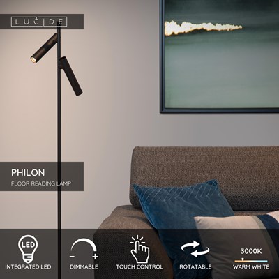 Lucide PHILON - Floor reading lamp - Ø 23 cm - LED Dim. - 2x4,5W 3000K - Black